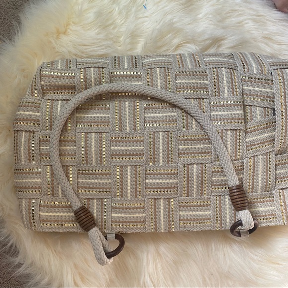 M&G Bertini Cross Woven Cream Neutral Shoulder Bag Italian Purse W/ Gold Sparkle - Picture 6 of 6
